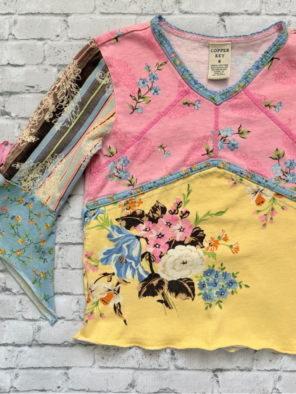 Y2K Girls Copper Key Pink Floral Patchwork Flare Sleeve Top